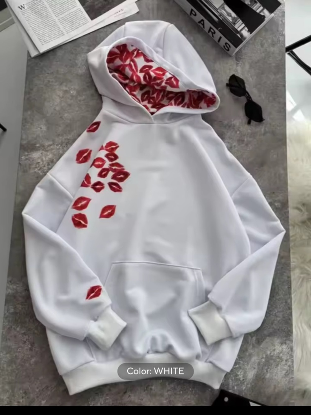 White Hoodie with Red Lip Print - Women Tops